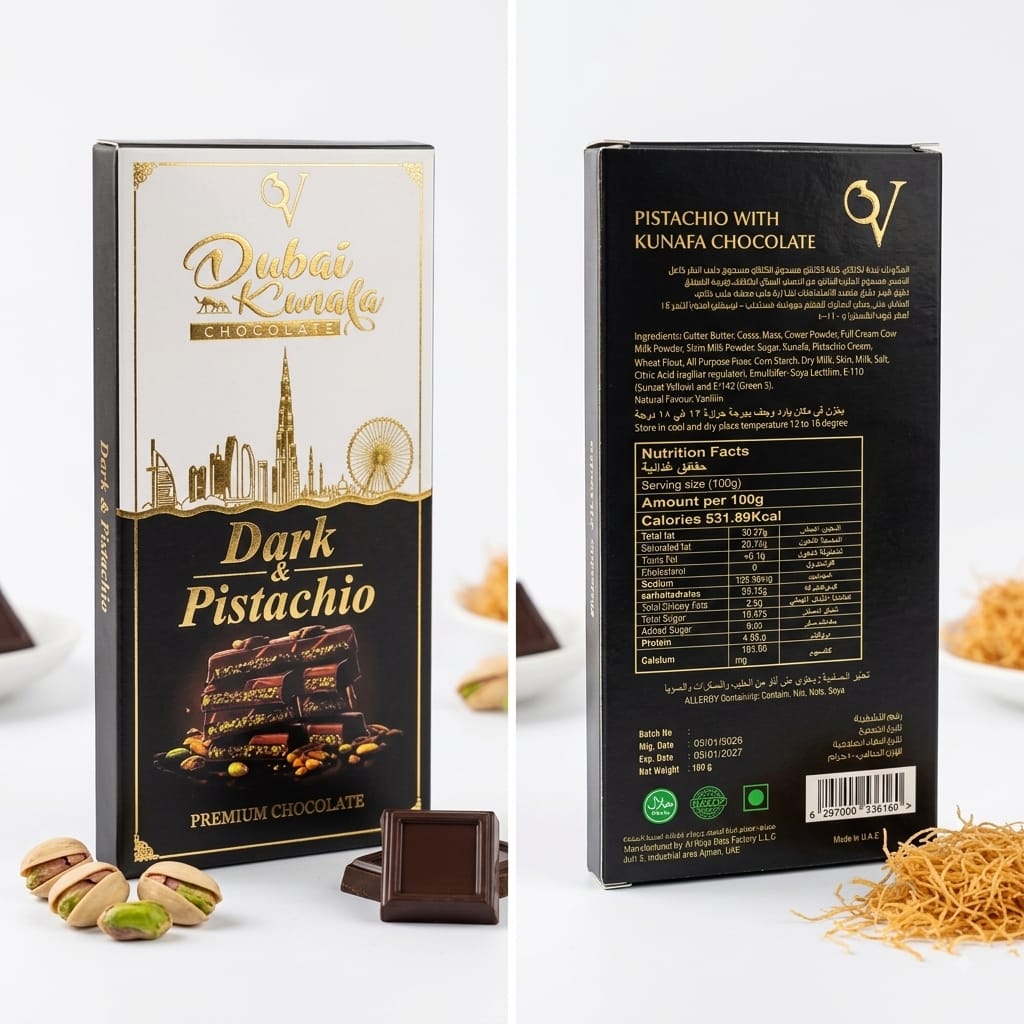 QV Premium Dubai Kunafa Chocolate – Dark & Pistachio