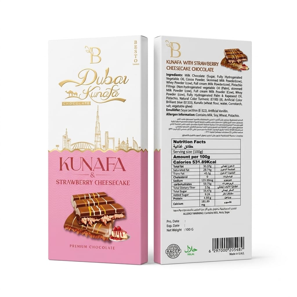 Besto Dubai Kunafa & Strawberry Cheesecake Premium Chocolate (100g)